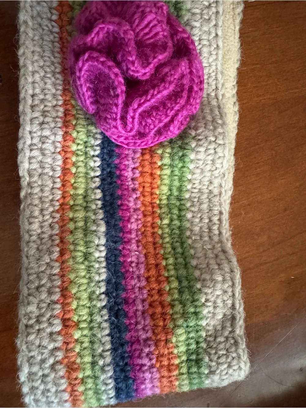 Handmade Cream Knit Headband with Pink Flower and Multicolor Stripes